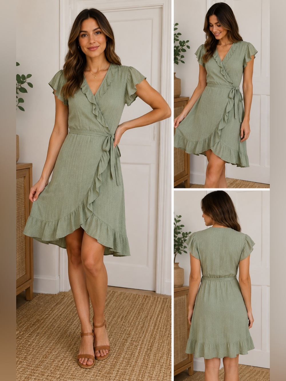 Matilda Jane Sage Green Ruffle Wrap Dress Women’s Size M Boho Cottagecore Mini